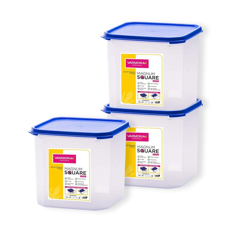Varmora Magnum Plastic Square Smart Kitchen Storage Container Lid (4.2 L, Blue, Pack of 3) - Image 1