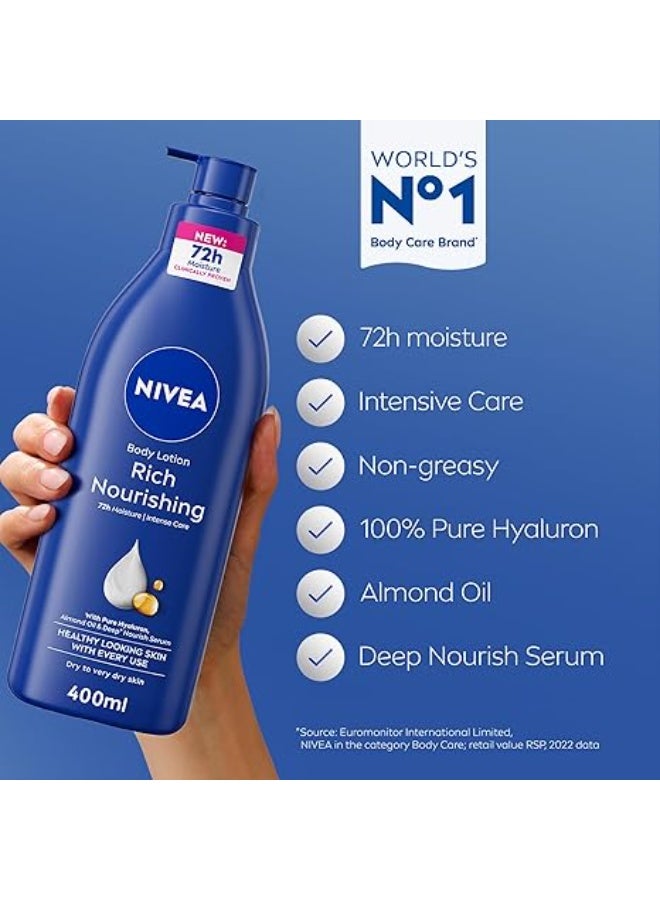 NIVEA Body Lotion for Dry to Very Dry Skin, Rich Nourishing, 5in1 Complete Care, 72H Intense Moisture, 400ml - Image 2