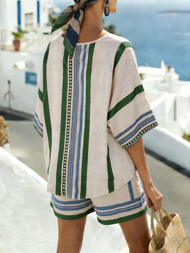 Bohemian Mediterranean Striped Print 2pcs Set, V Neck Mid Sleeve Top with Shorts, Summer Vacation Casual Outfit - Image 2