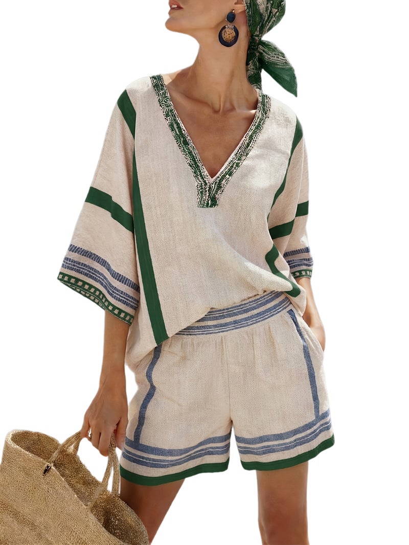 Bohemian Mediterranean Striped Print 2pcs Set, V Neck Mid Sleeve Top with Shorts, Summer Vacation Casual Outfit - Image 1