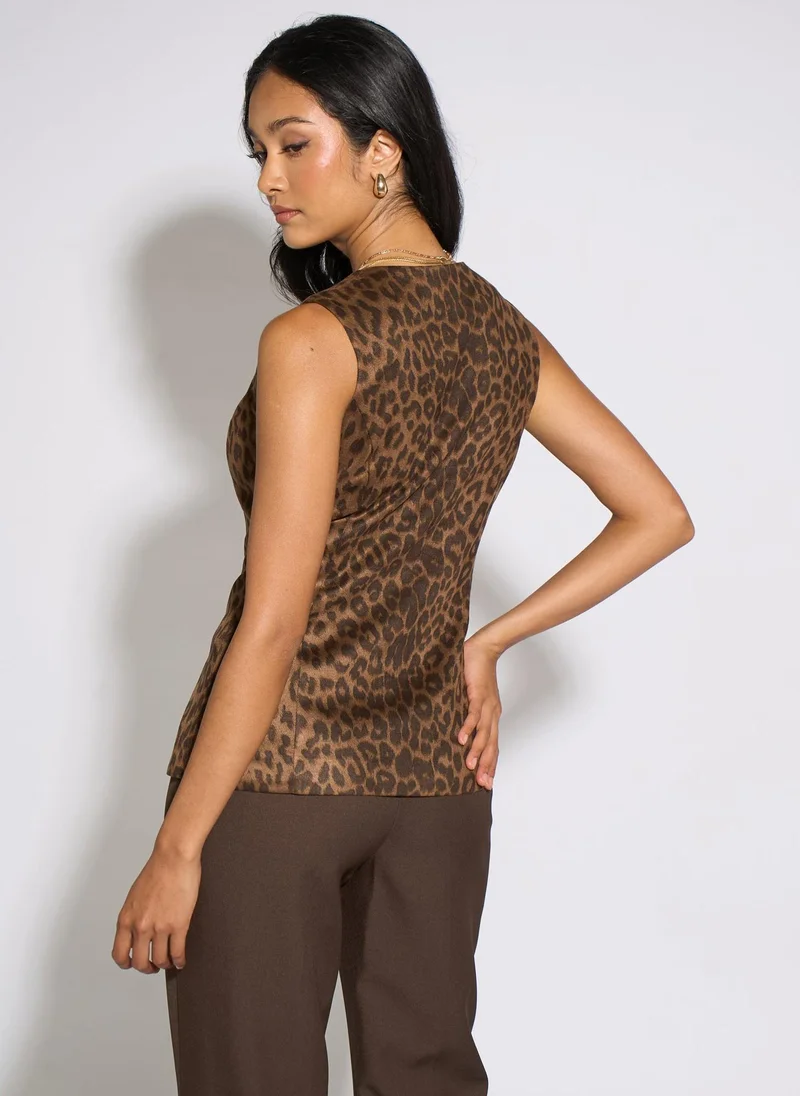 Gini London  Brown Animal Print Button Waistcoat Top for Women | Best Price UAE
