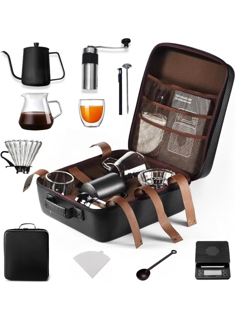 موش طقم تحضير القهوة المقطرة V60 محمول مع مطحنة يدوية، غلاية برقبة إوزة مع مقياس حرارة، ميزان رقمي وحقيبة سفر – مجموعة متكاملة لتحضير القهوة في المنزل والسفر - Image 1