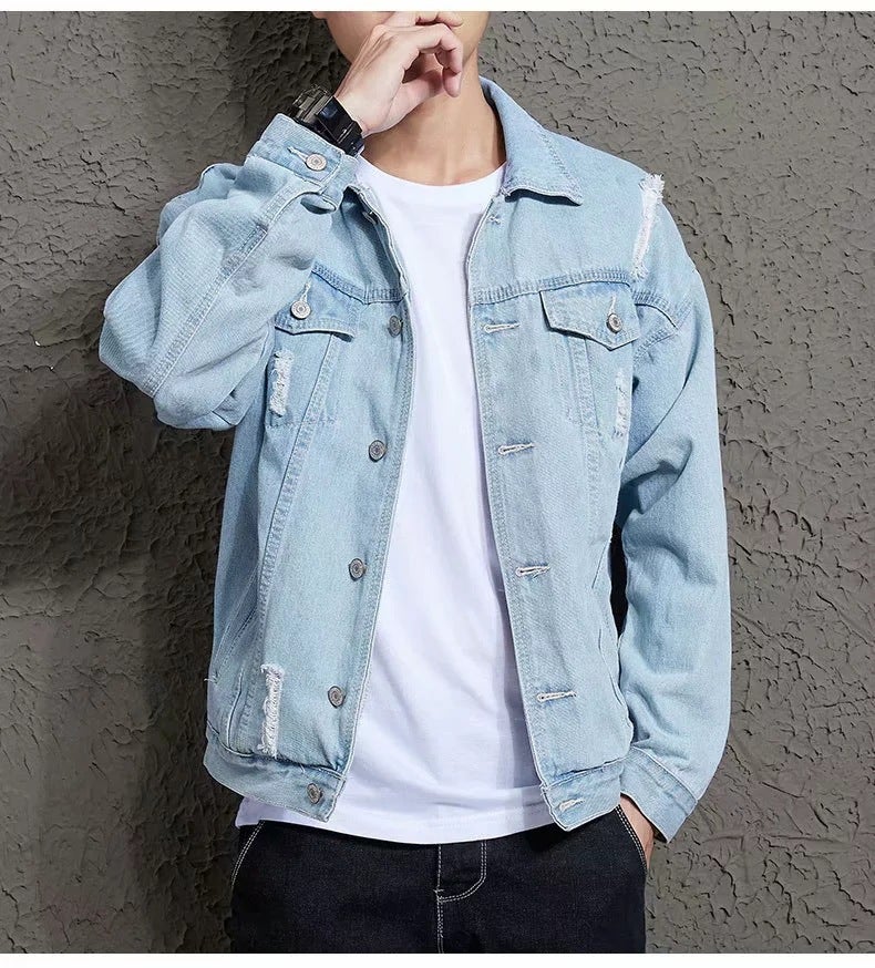 Korean Trendy Spring Mens Ripped Denim Jacket Light blue 