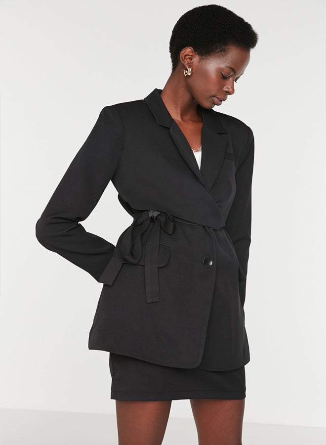 trendyol Black Belted Regular Lined Double Breasted Closure Woven Blazer Jacket - Image 2