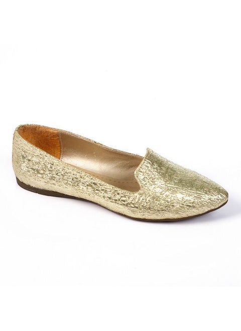 Pointed Slip On Textured Leather Flats Gold