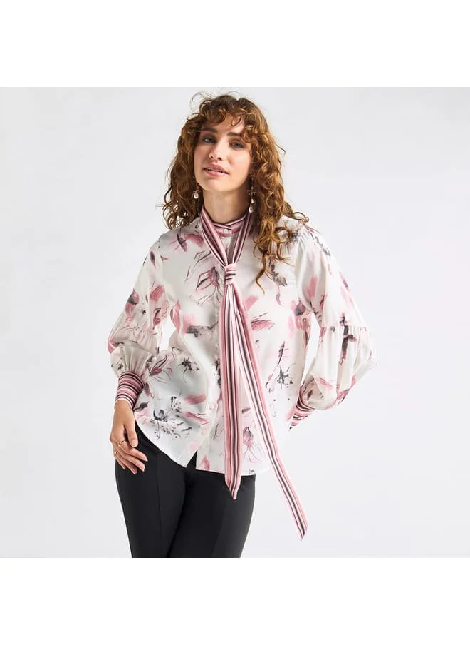 FAV All-Over Floral Print Top with Mandarin Collar and Long Sleeves