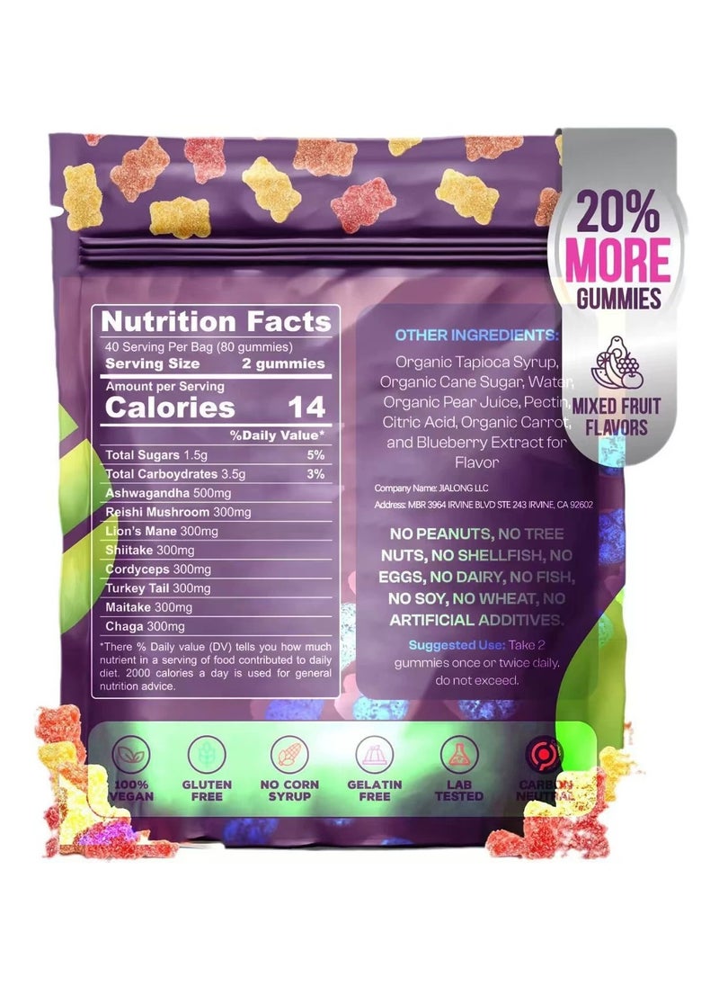 Wins Town Ashwagandha KSM-66, Reishi, Lions Mane, Shiitake, Cordyceps, Turkey Tail, Maitake, Chaga Supplement Gummies - Mixed Fruits, 80 Gummies  - Image 2