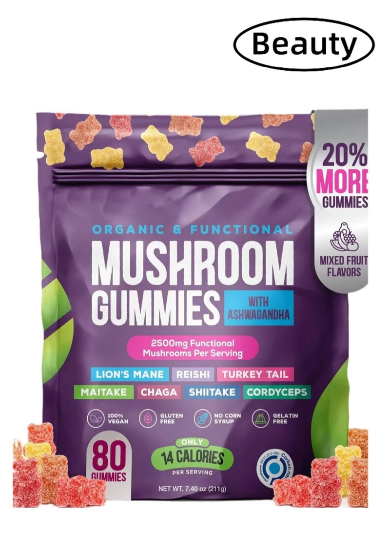 Wins Town Ashwagandha KSM-66, Reishi, Lions Mane, Shiitake, Cordyceps, Turkey Tail, Maitake, Chaga Supplement Gummies - Mixed Fruits, 80 Gummies  - Image 1