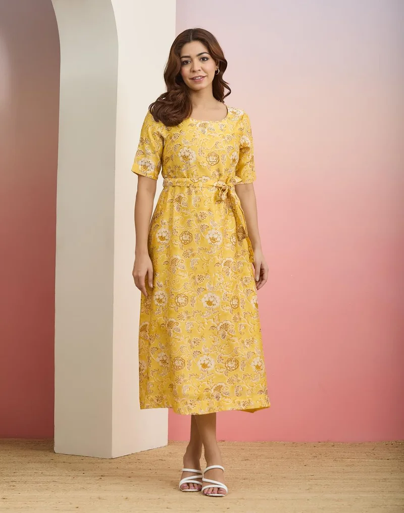 Fabindia  Yellow Cotton Silk Dress for Women | Best Price UAE