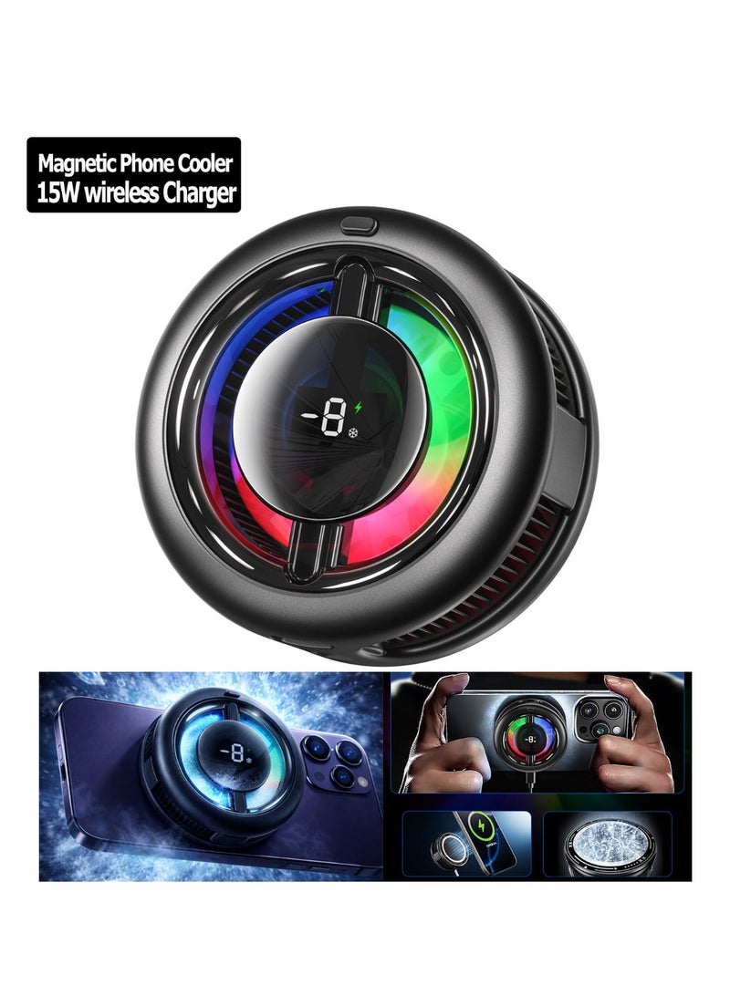 Memo Magnetic Phone Cooler with 15W Wireless Charger, Portable Phone Cooling Fan, Charging while Cooling Your Phone and Tablet, Universal Phone Fan Cellphone Radiator for iOS/Android/Tiktok Live Streaming/Game ect,Black+RGB - Image 1