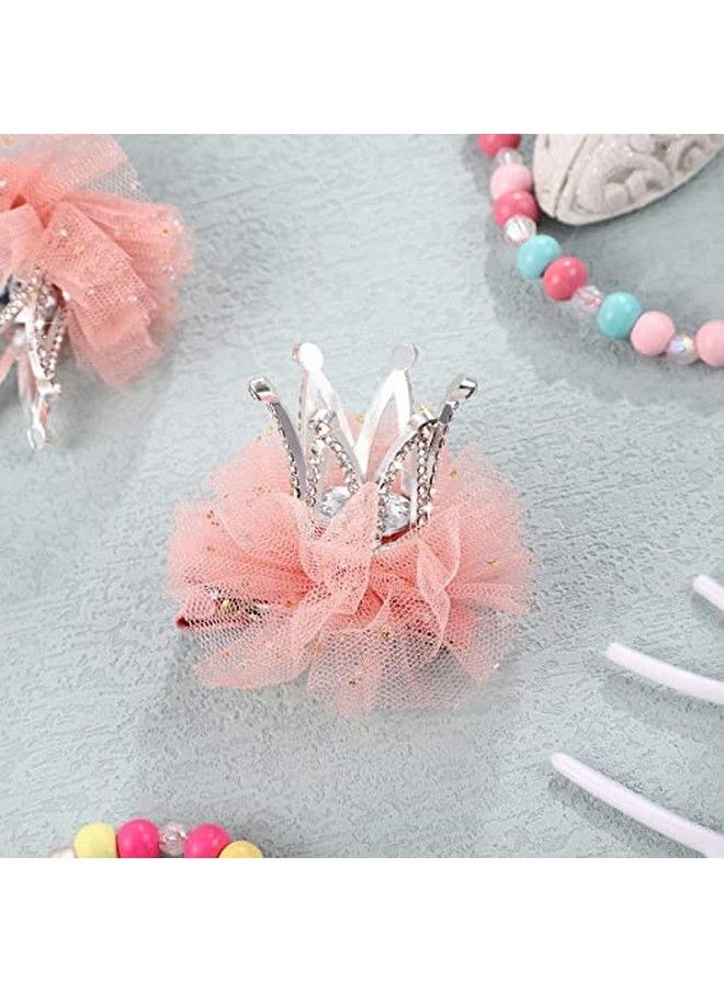 BESTOYARD - 2Pcs Diamond Crown Hair Pin Princess Flower Mesh Hair Clips Rhinestone Crystal Tiara Hair Barrettes For Kids Party Hair Accessory (Pink) - Image 1