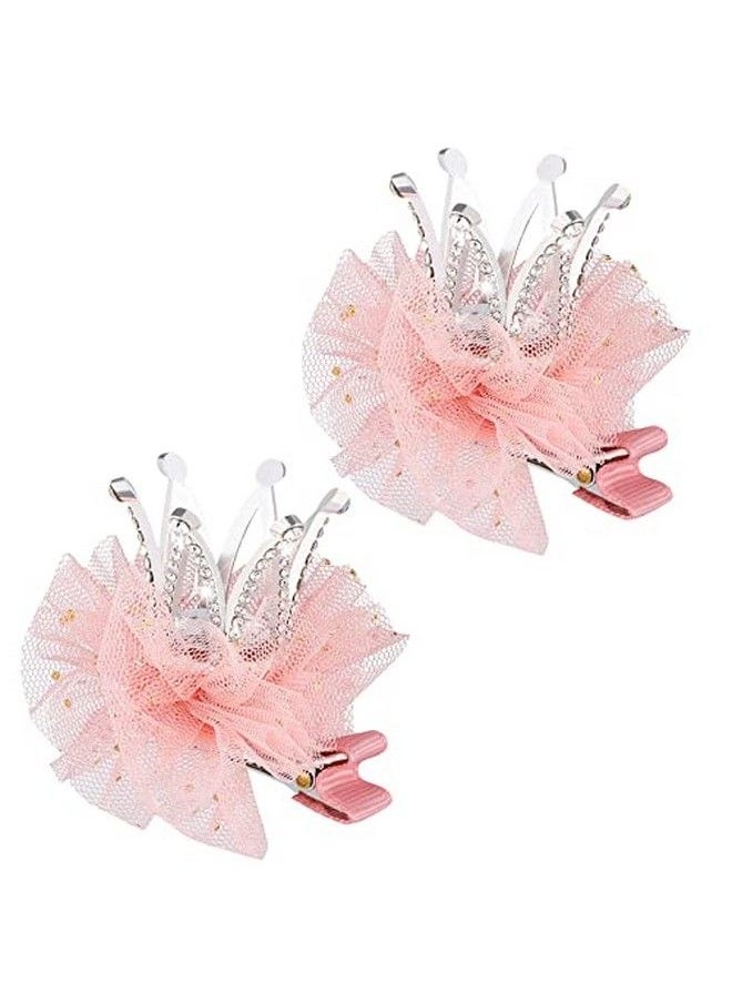BESTOYARD - 2Pcs Diamond Crown Hair Pin Princess Flower Mesh Hair Clips Rhinestone Crystal Tiara Hair Barrettes For Kids Party Hair Accessory (Pink) - Image 1
