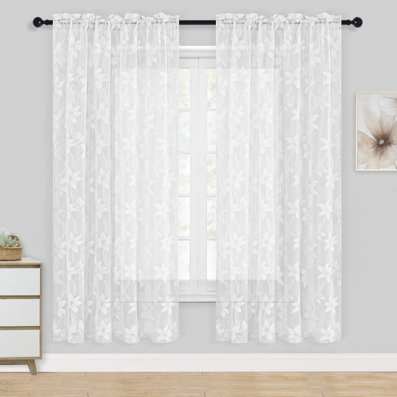 DWCN DWCN White Sheer Curtains  63 inch Length Floral Lace Rod Pocket Window Voile Sheer Drapes for Living Room Bedroom Elegant Curtain Panels 52 x 63 inch Length Set of 2 Lace White 