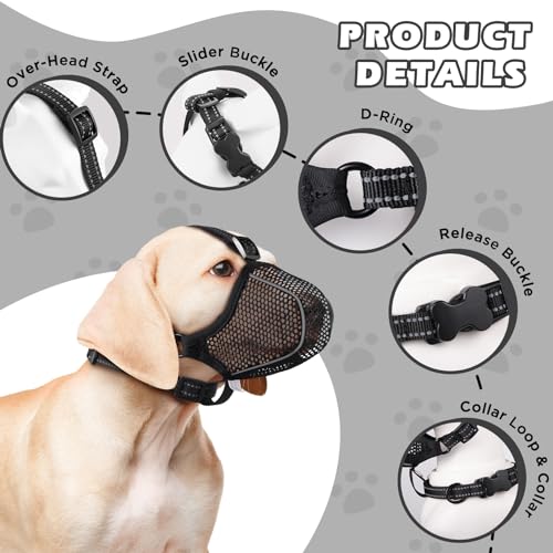 BONTHEE Dog Muzzle,Mesh Soft Muzzle for Small Medium Large Sized Dogs, Breathable Reflective Adjustable Puppy Muzzles with Collar for Scavenging Grooming Biting Chewing,Allows Panting and Drinking - Image 2