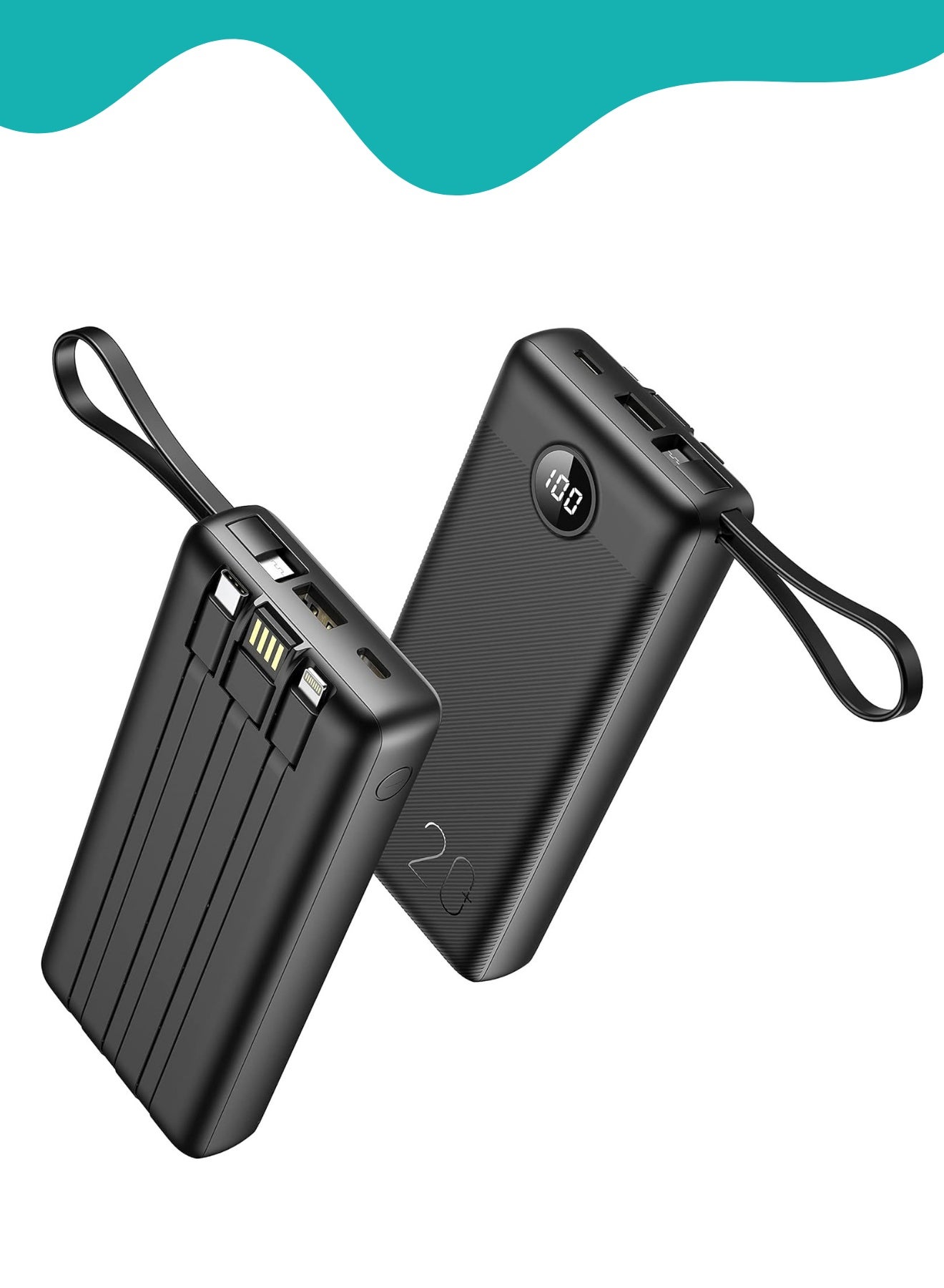 Power Bank 20000mAh, Portable Charger with Built in Cables, Slim USB C Power Bank 4 Output 2 Input with LED Display, Fast Charging Battery Pack Compatible with iPhone,Samsung Cell Phones - Black