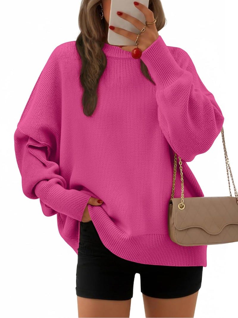 EFAN Women's Oversized Sweaters 2026 Fall Trendy Crewneck Batwing Sleeve Chunky Knit Long Pullover Cute Tunic Tops Dress Winter Clothes Cashmere Fashion Outfits Ladies Clothing Hot Pink S - Image 1