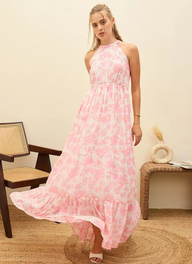 SASSAFRAS Floral Print Halter Neck Maxi Dress for Women