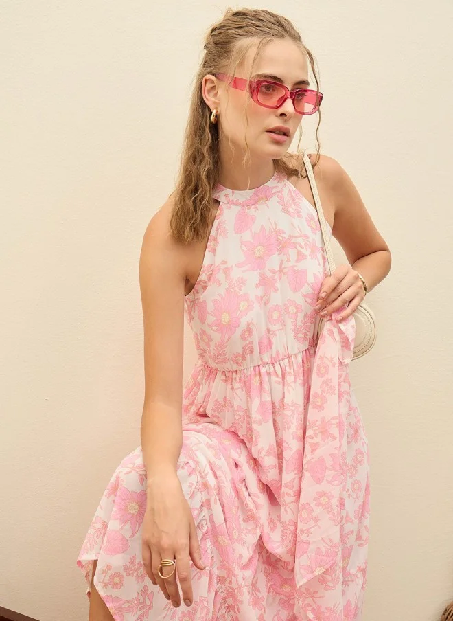 SASSAFRAS Floral Print Halter Neck Maxi Dress for Women