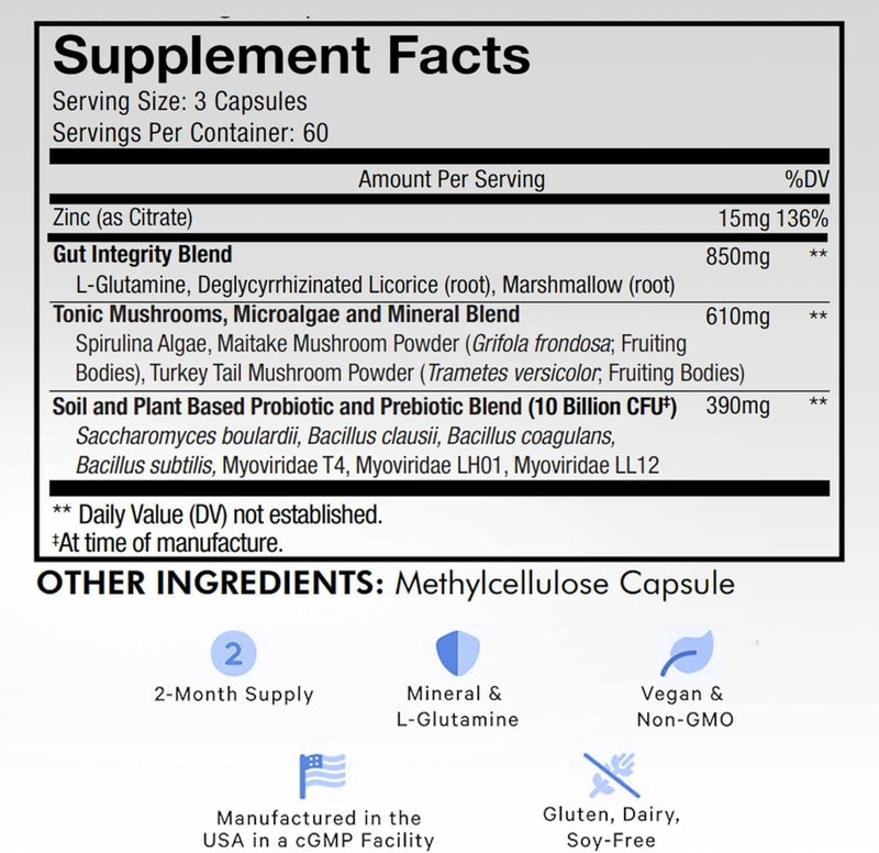 Codeage Gut Health Supplements Vegan Formula  L Glutamine Zinc Turkey Tail Mushroom Powder Tonic Mushroom Maitake Micro Algae Mineral Licorice Root DGL  Probiotics Prebiotics  180 Capsules - Image 2