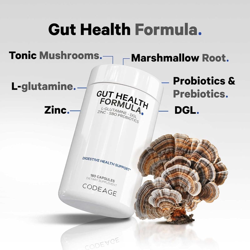 Codeage Gut Health Supplements Vegan Formula  L Glutamine Zinc Turkey Tail Mushroom Powder Tonic Mushroom Maitake Micro Algae Mineral Licorice Root DGL  Probiotics Prebiotics  180 Capsules - Image 3