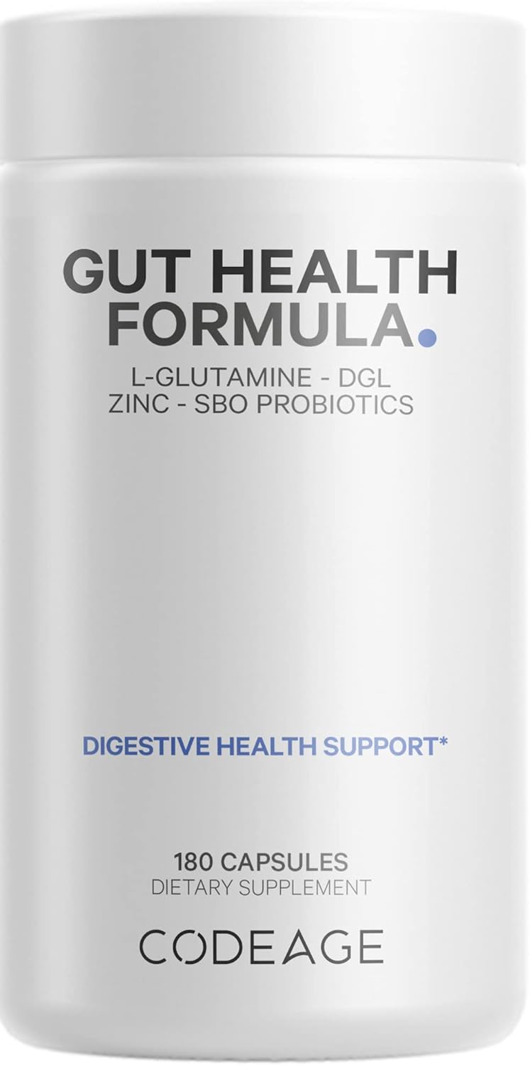 Codeage Gut Health Supplements Vegan Formula  L Glutamine Zinc Turkey Tail Mushroom Powder Tonic Mushroom Maitake Micro Algae Mineral Licorice Root DGL  Probiotics Prebiotics  180 Capsules - Image 1