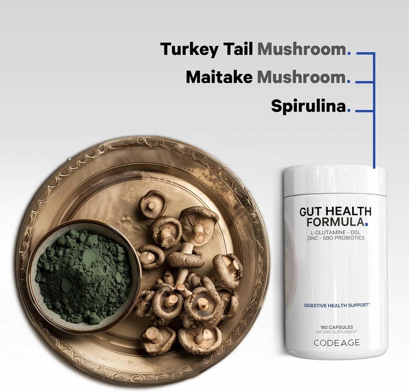 Codeage Gut Health Supplements Vegan Formula  L Glutamine Zinc Turkey Tail Mushroom Powder Tonic Mushroom Maitake Micro Algae Mineral Licorice Root DGL  Probiotics Prebiotics  180 Capsules - Image 4