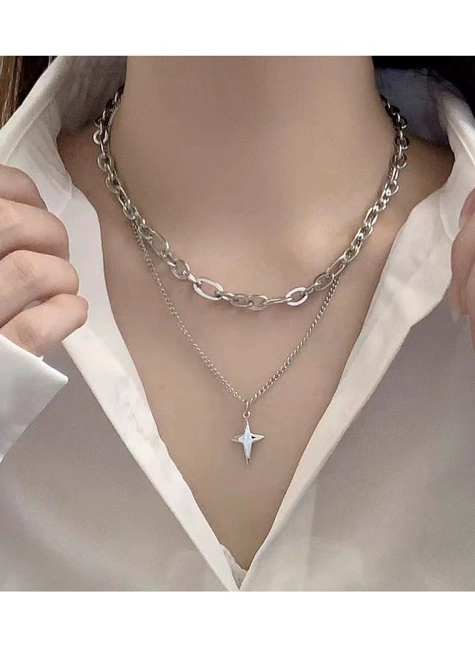 Goolsky Double Layer Four-Point Star Layered Necklace – Women’s Unique T-Shirt & Hoodie Chain, Minimalist Cool Aesthetic Jewelry  - Image 1