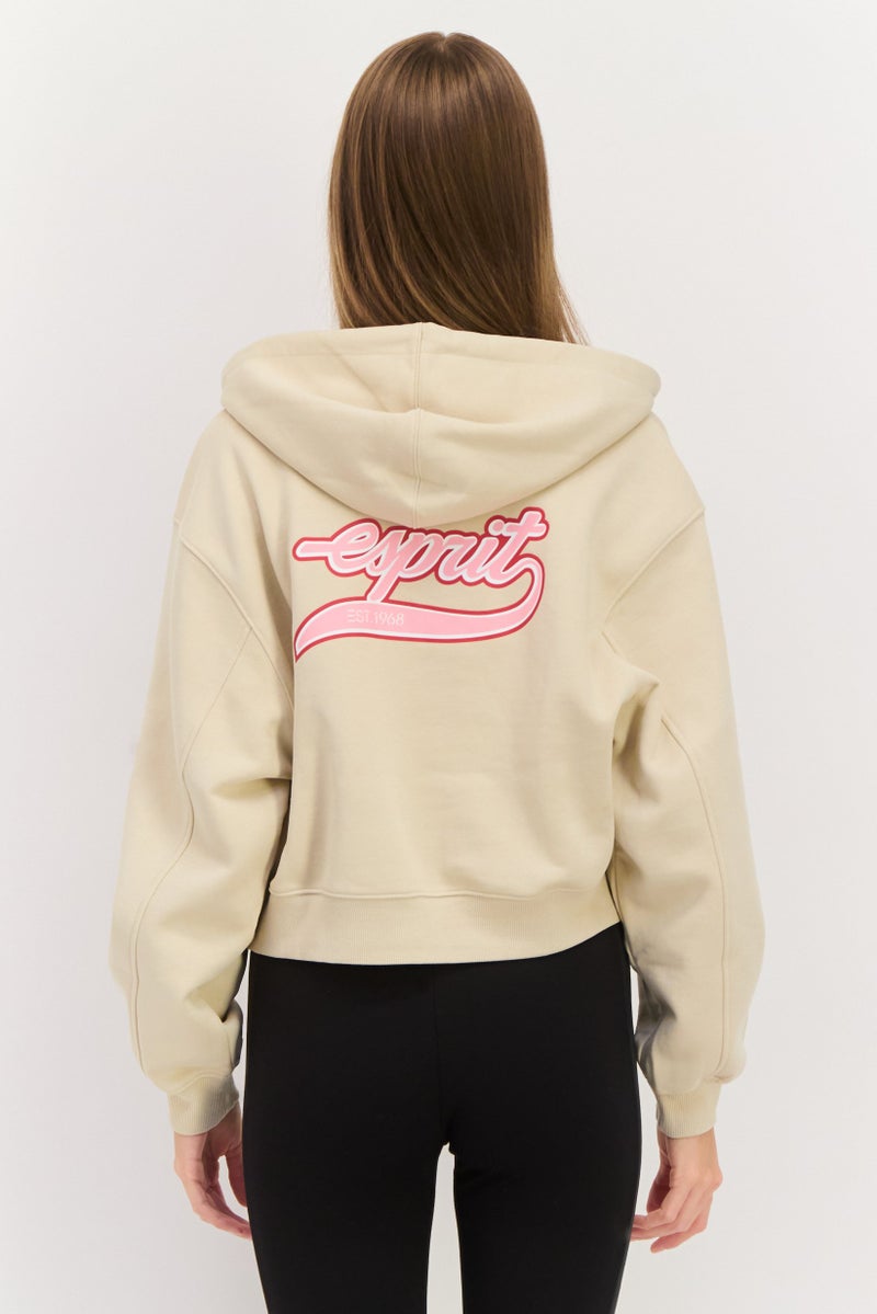 ESPRIT Women Hooded Brand Logo Long Sleeves Sweatshirt, Beige - Image 4