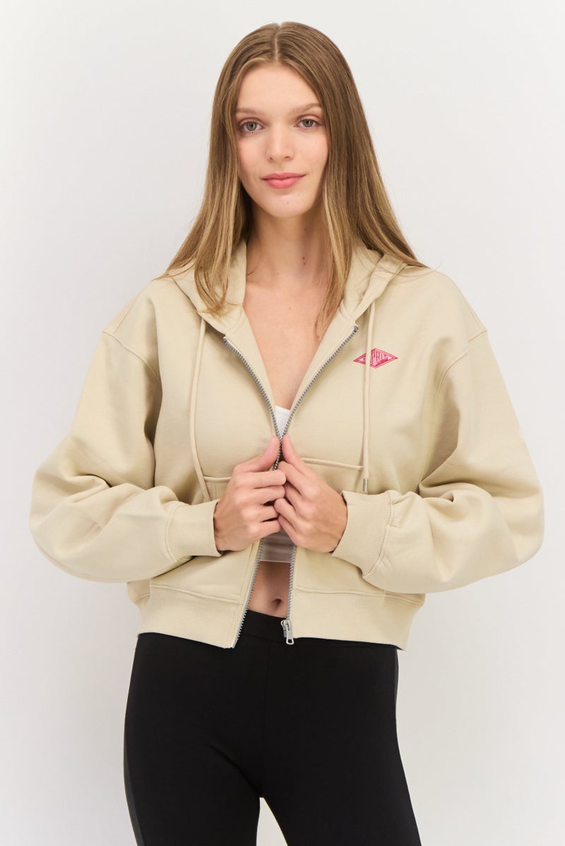 ESPRIT Women Hooded Brand Logo Long Sleeves Sweatshirt, Beige - Image 1