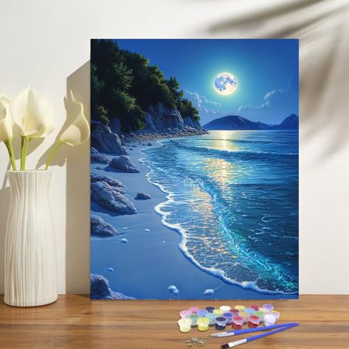 obterie Beach Moonlight Paint by Numbers Kit for Adults Beginner Ocean Oil Painting Kit Adult Paint by Number Kits on Canvas Moon DIY Painting for Beginners Art by Numbers for Gifts Home Wall Decor 16x20 Inch - Image 2
