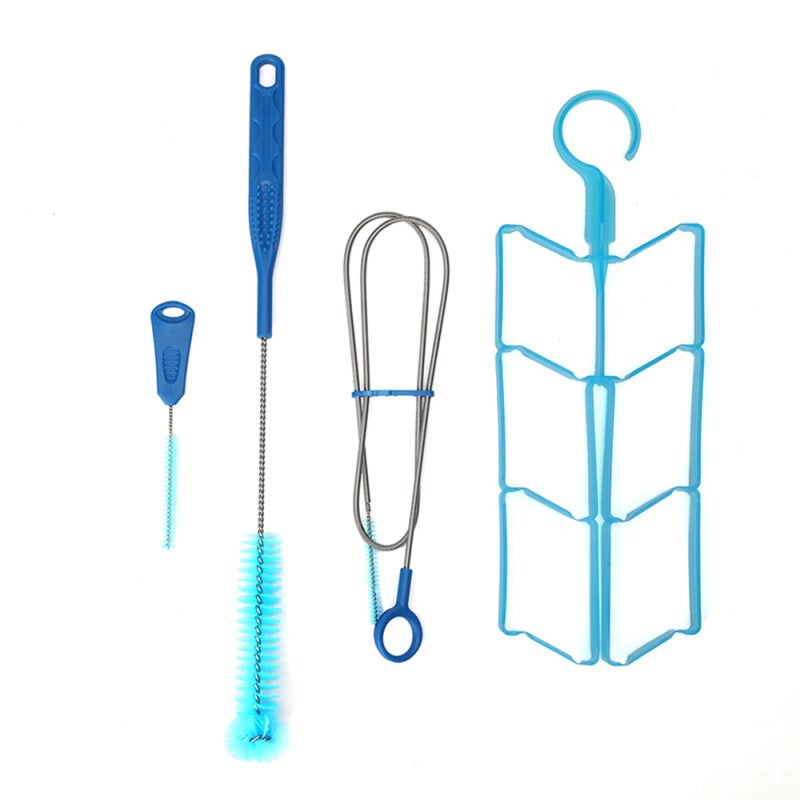 4 In 1 Bladder Cleaner Set - Long Handle Soft Brush Flexible Hose Brush Bite Valve Brush Blue Collapsible Drying Frame for Hydration Bladder Reservoir Cleaning - Image 1