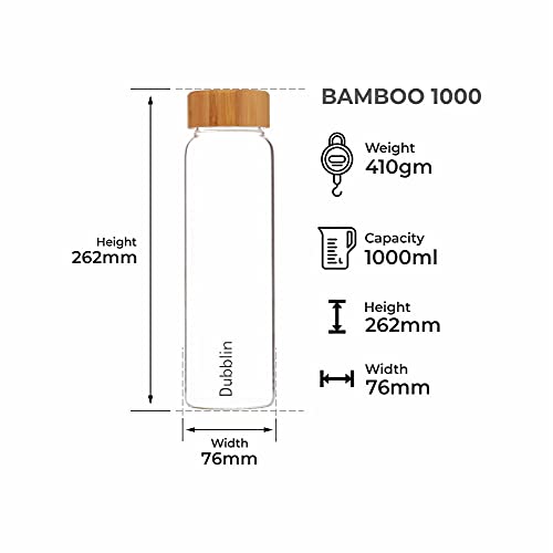 DUBBLIN Bamboo 1000 Borosilicate Glass Water Bottle, Wooden Lid, 1000 ml (Pack of 1) - Image 3