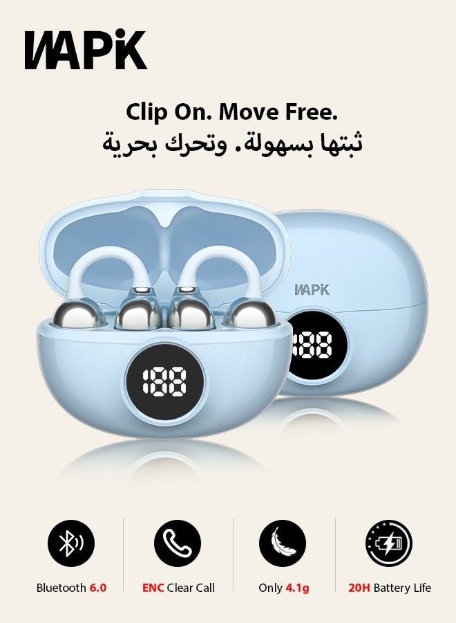 وابيك ماركة كورية RS7 سماعات أذن لاسلكية مفتوحة بمشبك للأذن، بلوتوث 6.0، مكالمات واضحة بتقنية ENC، علبة شحن بشاشة رقمية، شحن سريع، مقاومة للتعرق، تصميم خفيف وثابت، متوافقة مع iOS وAndroid، أزرق سماوي - Image 1