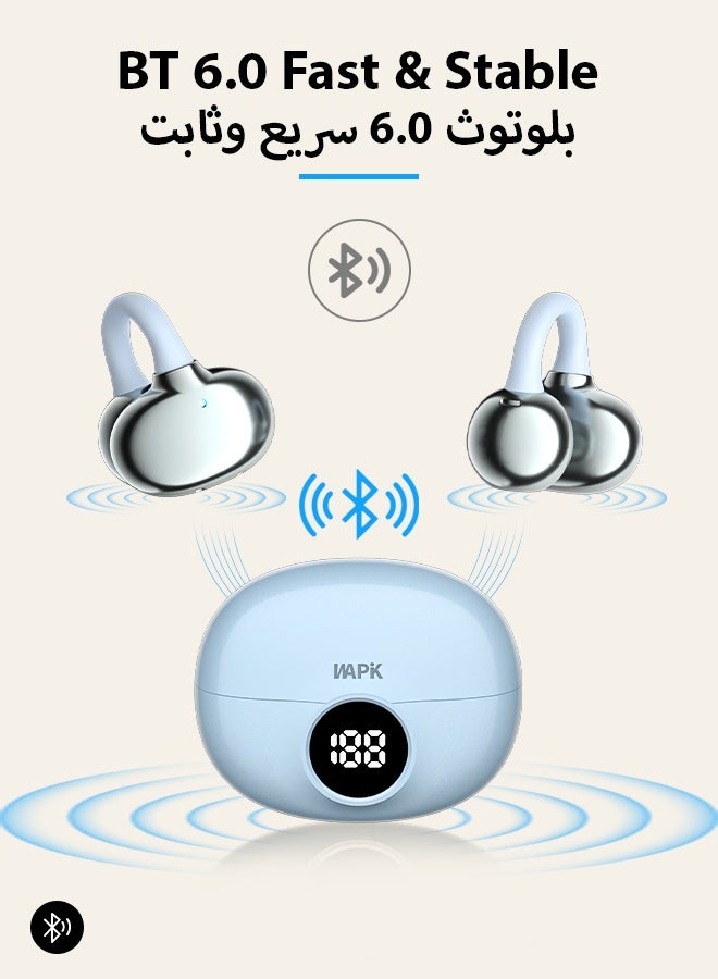 وابيك ماركة كورية RS7 سماعات أذن لاسلكية مفتوحة بمشبك للأذن، بلوتوث 6.0، مكالمات واضحة بتقنية ENC، علبة شحن بشاشة رقمية، شحن سريع، مقاومة للتعرق، تصميم خفيف وثابت، متوافقة مع iOS وAndroid، أزرق سماوي - Image 4