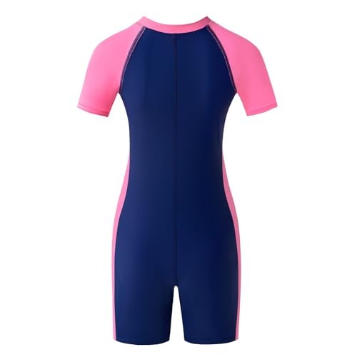 karrack Teen Girls One Piece Swimsuits with Chest Pads Kid Water Sport Short Swimsuit UPF 50+ Sun Protection Bathing Suits Blue-Pink (Size 13-15Years) - Image 2