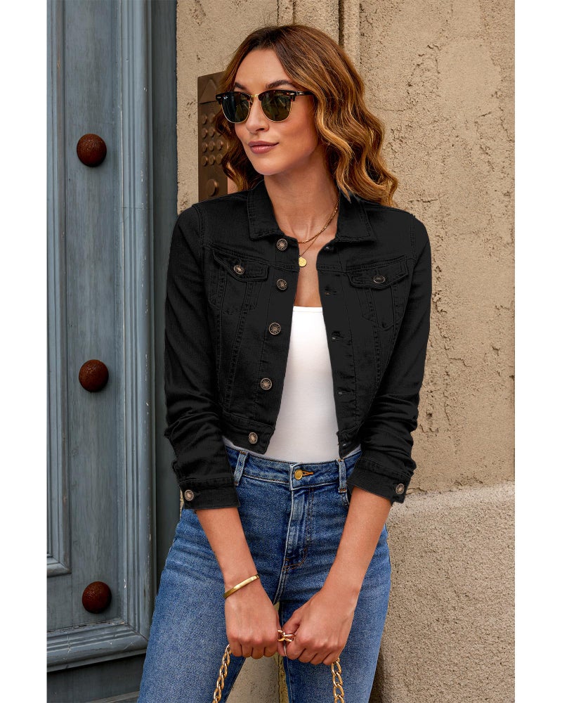 luvamia Women's Fashion Long Sleeve Denim Jean Jacket Black Cropped Denim Jacket True Black Size Medium - Image 3