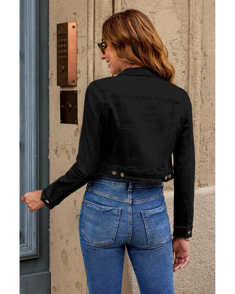 luvamia Women's Fashion Long Sleeve Denim Jean Jacket Black Cropped Denim Jacket True Black Size Medium - Image 2