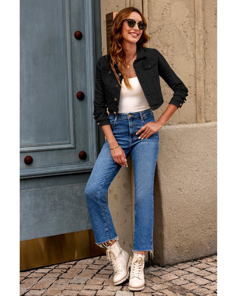 luvamia Women's Fashion Long Sleeve Denim Jean Jacket Black Cropped Denim Jacket True Black Size Medium - Image 5