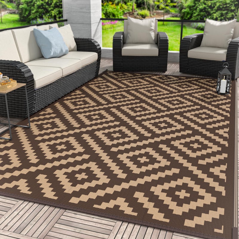 GENIMO Outdoor Rug for Patio Clearance, 6'x9' Reversible Plastic Straw Rugs, Lightweight Waterproof RV Camping Mat for Camper, Balcony, Deck, Backyard, Picnic, Coffee & Brown - Image 1