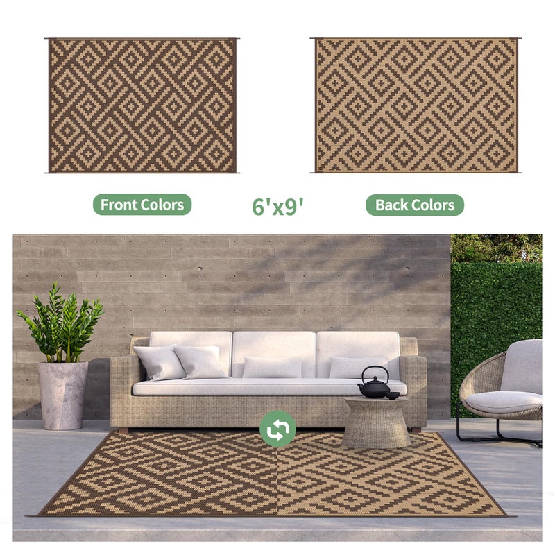 GENIMO Outdoor Rug for Patio Clearance, 6'x9' Reversible Plastic Straw Rugs, Lightweight Waterproof RV Camping Mat for Camper, Balcony, Deck, Backyard, Picnic, Coffee & Brown - Image 3