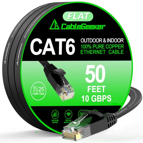 CableGeeker Cat 6 Ethernet Cable 50 ft, Indoor&Outdoor, High Speed 10Gbps Flat Internet Network Cable, Pure Copper Ethernet Patch Cable Long, Computer LAN Cable with Clips & Straps for Router, Modem, PS4/5, Black - Image 1
