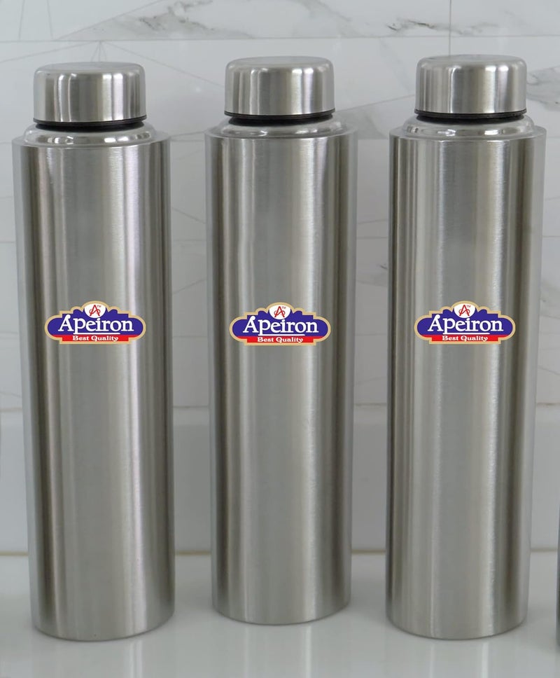 Apeiron Stainless Steel Fridge Bottle 1000ml Silver Leak Proof Pack of 3 - Image 1