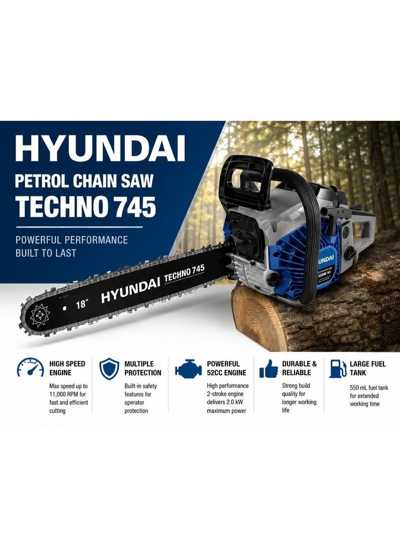 HYUNDAI Petrol Chainsaw Hyundai TECHNO 745 52cc 2kW 18 Inch Guide Bar 11000 RPM Heavy Duty Gasoline Chain Saw for Wood Cutting Forestry and Professional Use - Image 2