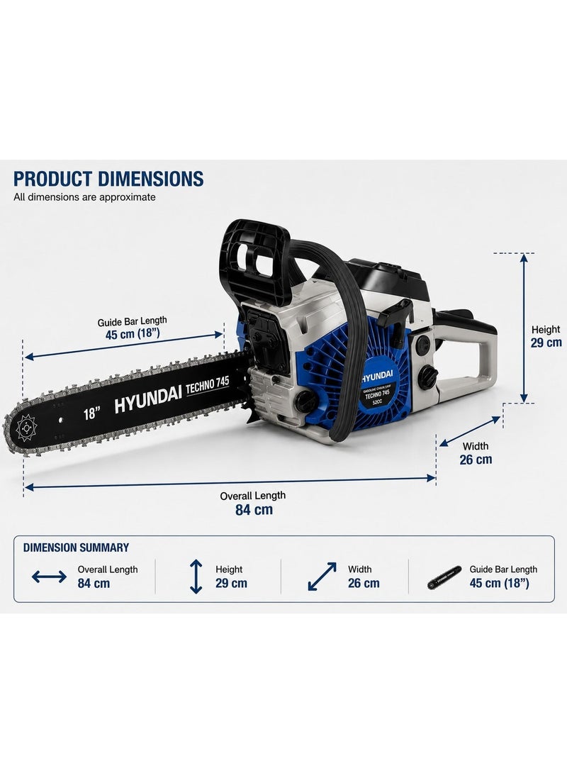 HYUNDAI Petrol Chainsaw Hyundai TECHNO 745 52cc 2kW 18 Inch Guide Bar 11000 RPM Heavy Duty Gasoline Chain Saw for Wood Cutting Forestry and Professional Use - Image 3