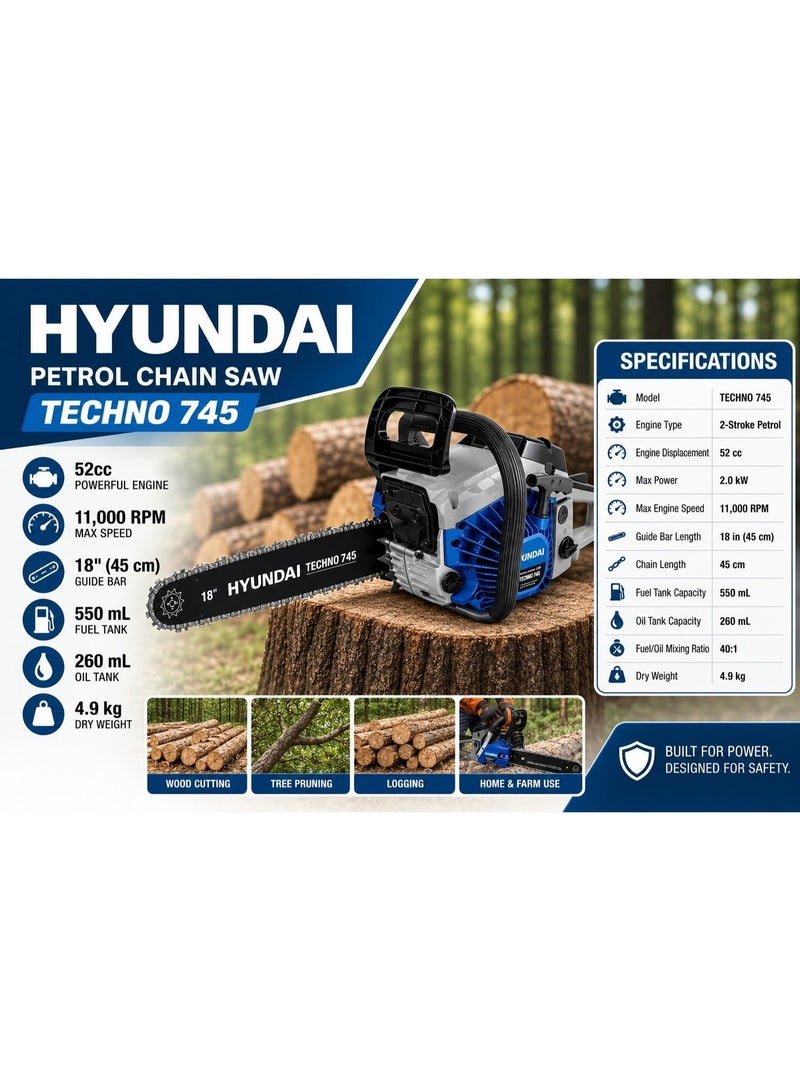 HYUNDAI Petrol Chainsaw Hyundai TECHNO 745 52cc 2kW 18 Inch Guide Bar 11000 RPM Heavy Duty Gasoline Chain Saw for Wood Cutting Forestry and Professional Use - Image 4