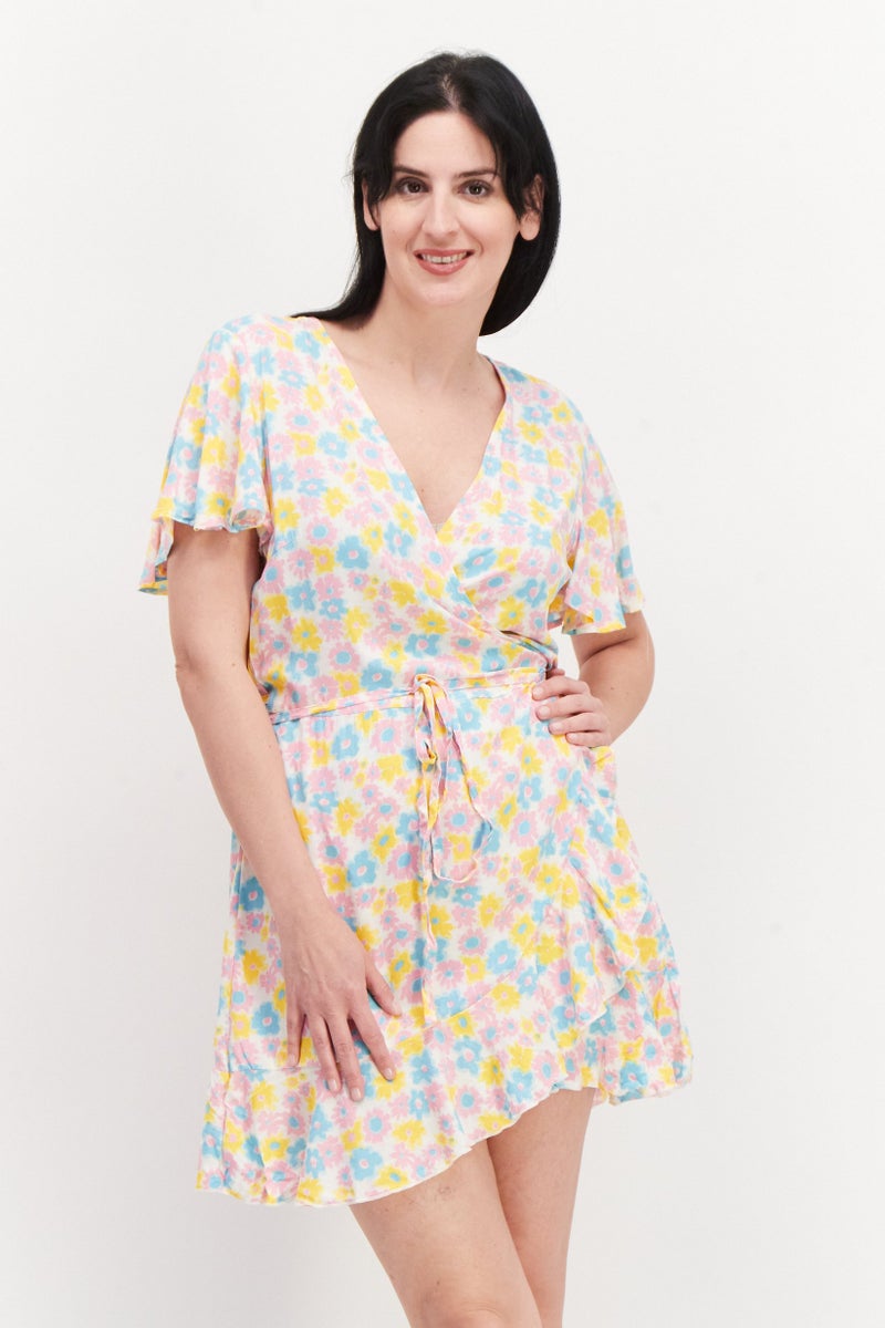 Sinsay Women Allover Printed Wrap Dress, Yellow Combo  - Image 1