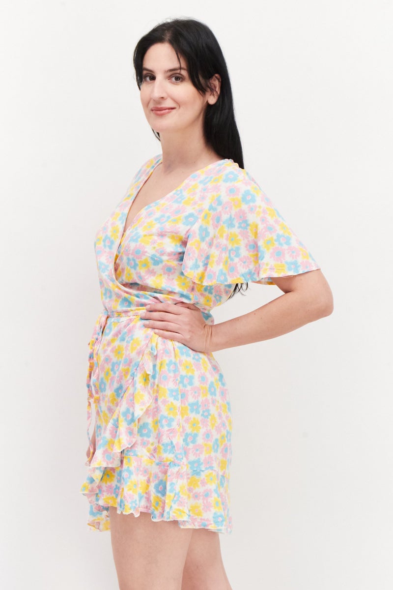 Sinsay Women Allover Printed Wrap Dress, Yellow Combo  - Image 2