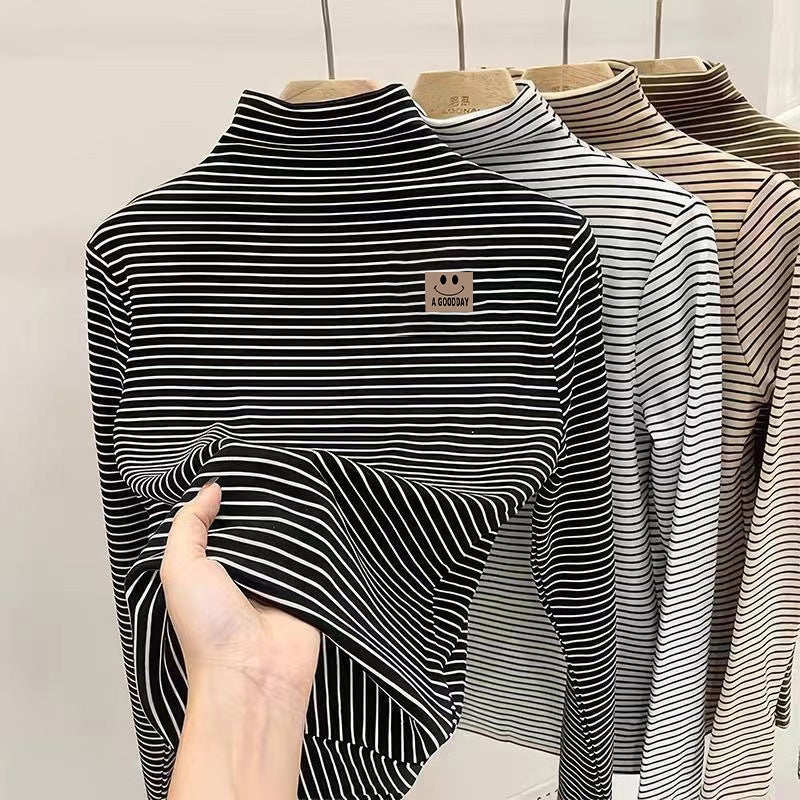 Children's Velvet Base Shirt fleece-lined Thickened Base Shirt Striped T-shirt Girls' Half-high Collar Autumn and Winter Velvet Warm T-shirt - Image 5