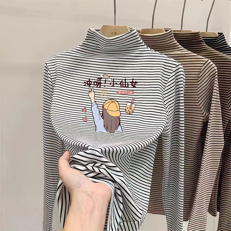 Children's Velvet Base Shirt fleece-lined Thickened Base Shirt Striped T-shirt Girls' Half-high Collar Autumn and Winter Velvet Warm T-shirt - Image 4