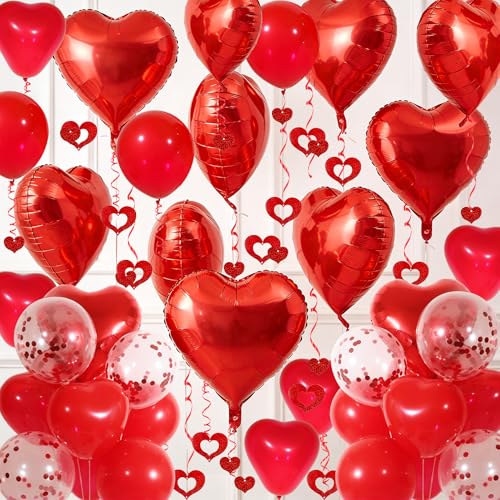 Douvelue Red Heart Balloons Set 30Pcs Heart Shaped Balloons and 50Pcs Red Hanging Streamer for Valentines Decorations Proposal Wedding Party - Image 1
